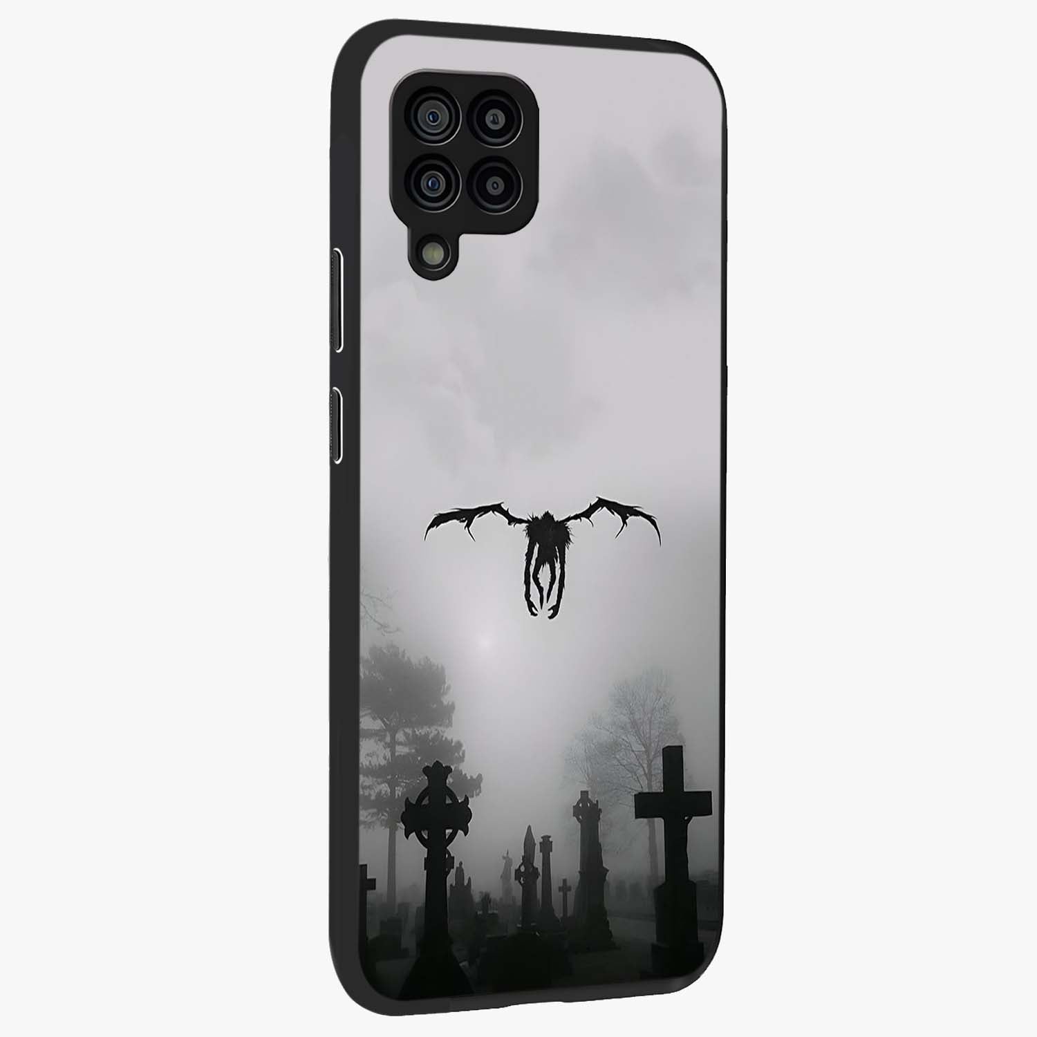 Graveyard Shadow Descent Glass Case upright view showcasing haunting graveyard artwork with dramatic dark theme.
