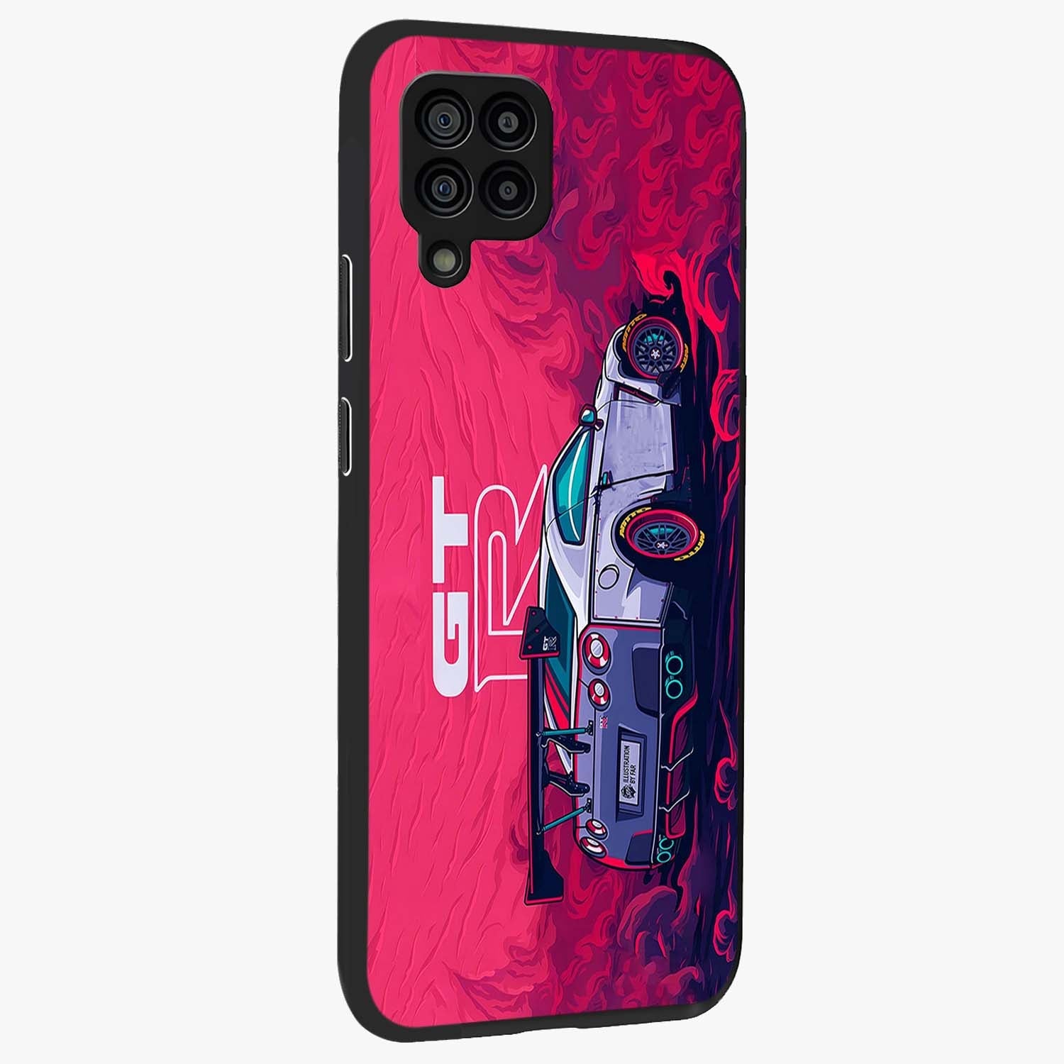GT-R Car Pattern Glass Case upright view showcasing dynamic car pattern artwork with modern sports theme.