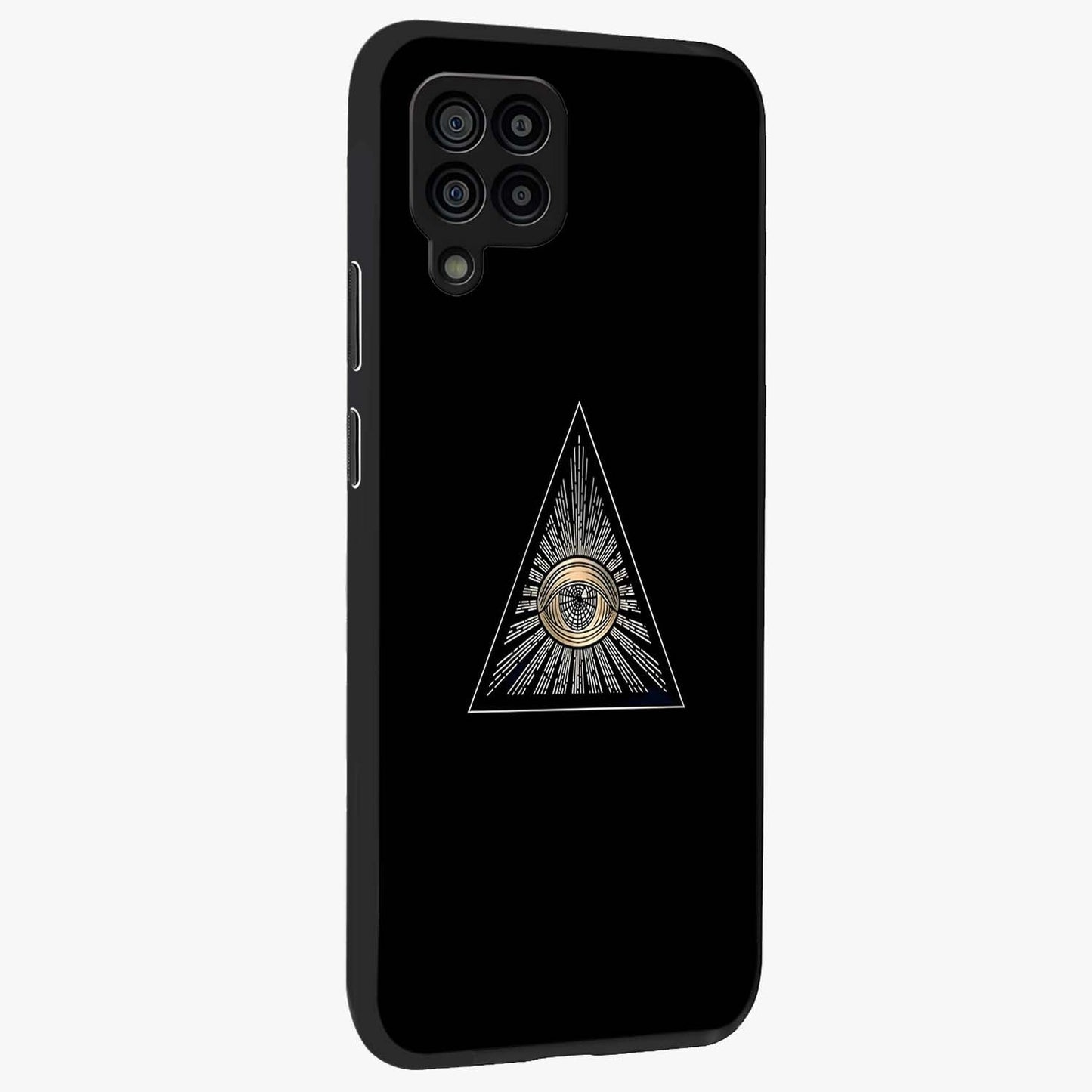 Illuminati Evil Glass Case upright view showcasing striking illuminati artwork with mysterious symbolic theme.