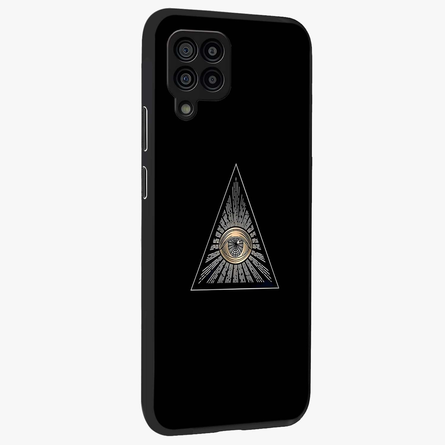 Illuminati Evil Glass Case upright view showcasing striking illuminati artwork with mysterious symbolic theme.