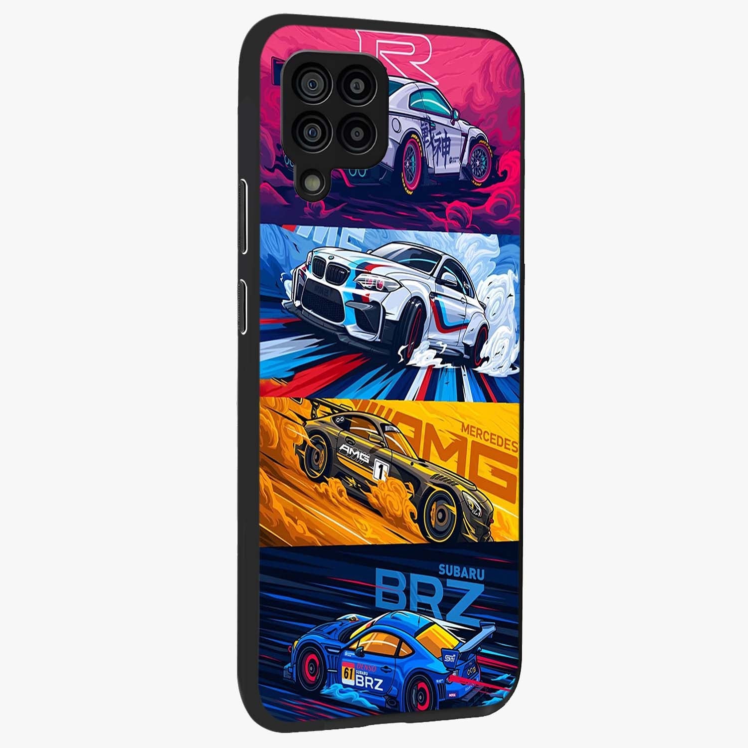 JDM Sports Car Glass Case upright view showcasing dynamic sports car artwork with bold racing theme.