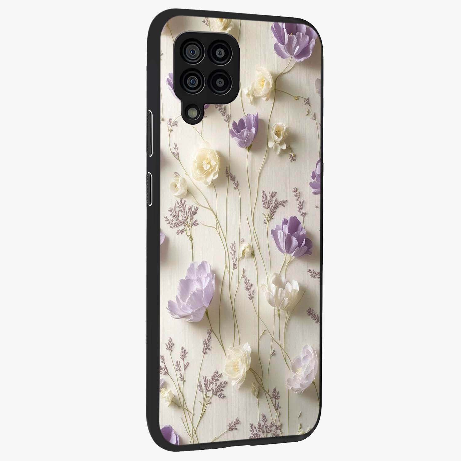 Lilac Breeze Harmony Glass Case upright view showcasing delicate lilac artwork with peaceful floral theme.