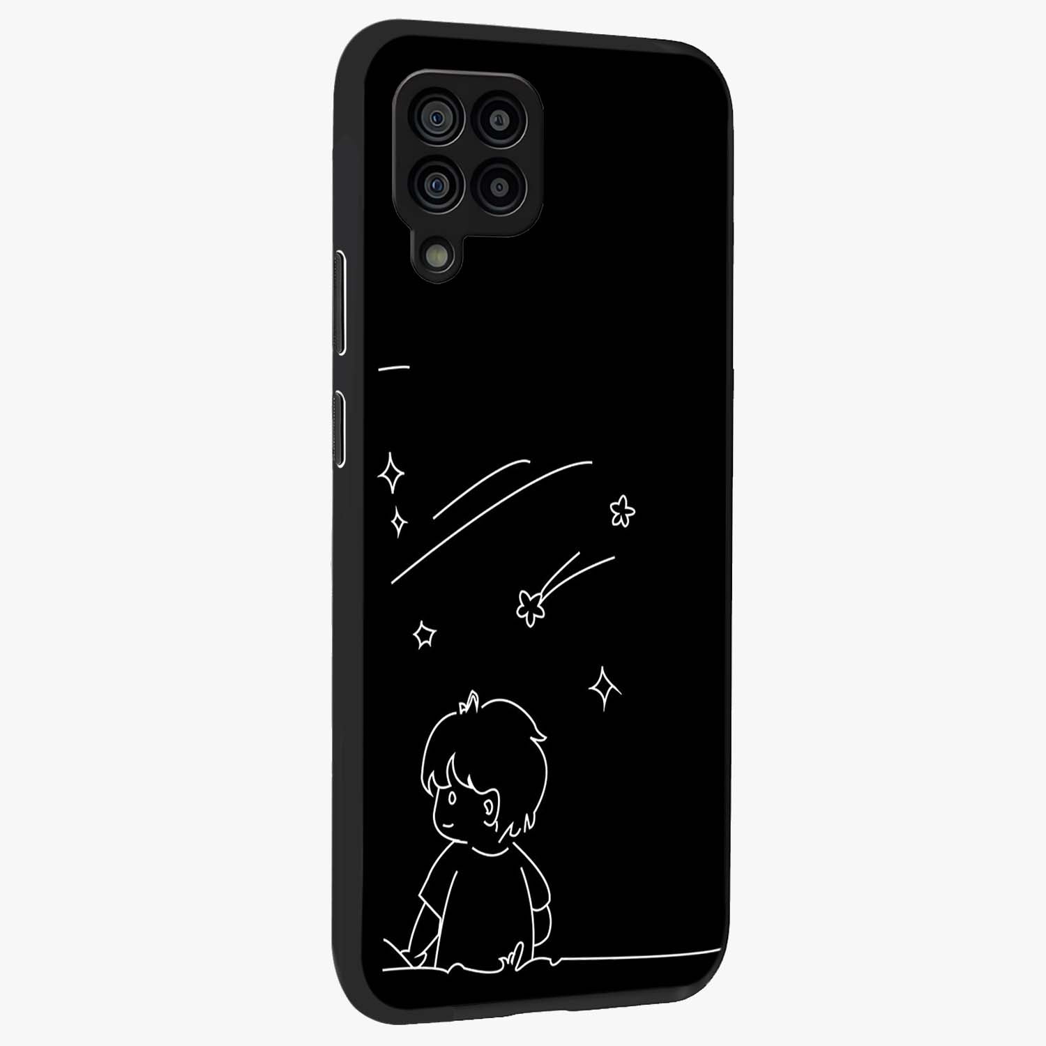 Line Art Boy With Shooting Stars Glass Case upright view showcasing artistic shooting star illustration with minimal style.
