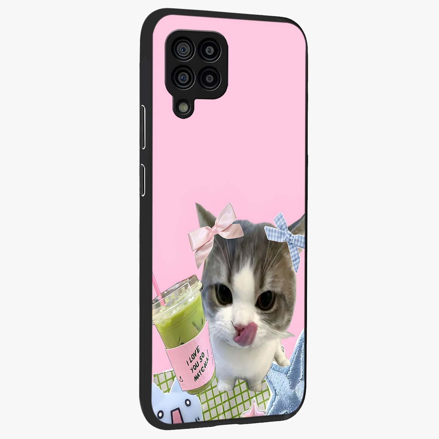 Love Matcha Cat Glass Case upright view showcasing adorable cat artwork with charming matcha themed design.