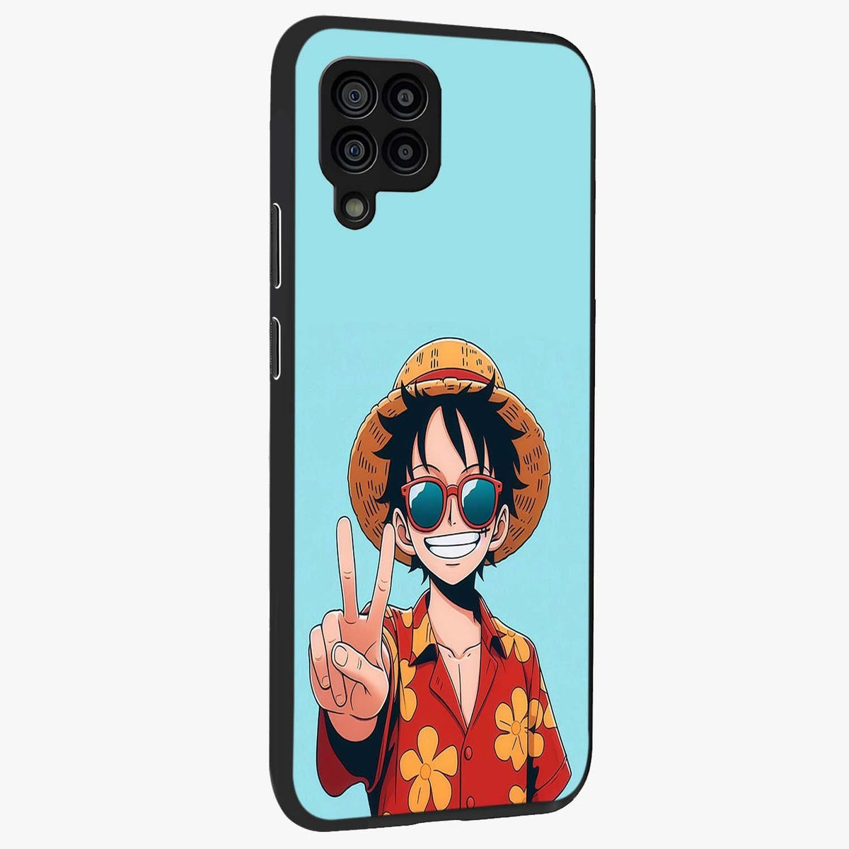 Luffy Summer Anime Vibe Glass Case upright view showcasing dynamic anime artwork with bright adventurous theme.