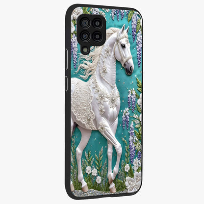 Majestic Floral Stallion Glass Case upright view showcasing dramatic horse artwork with decorative floral theme.