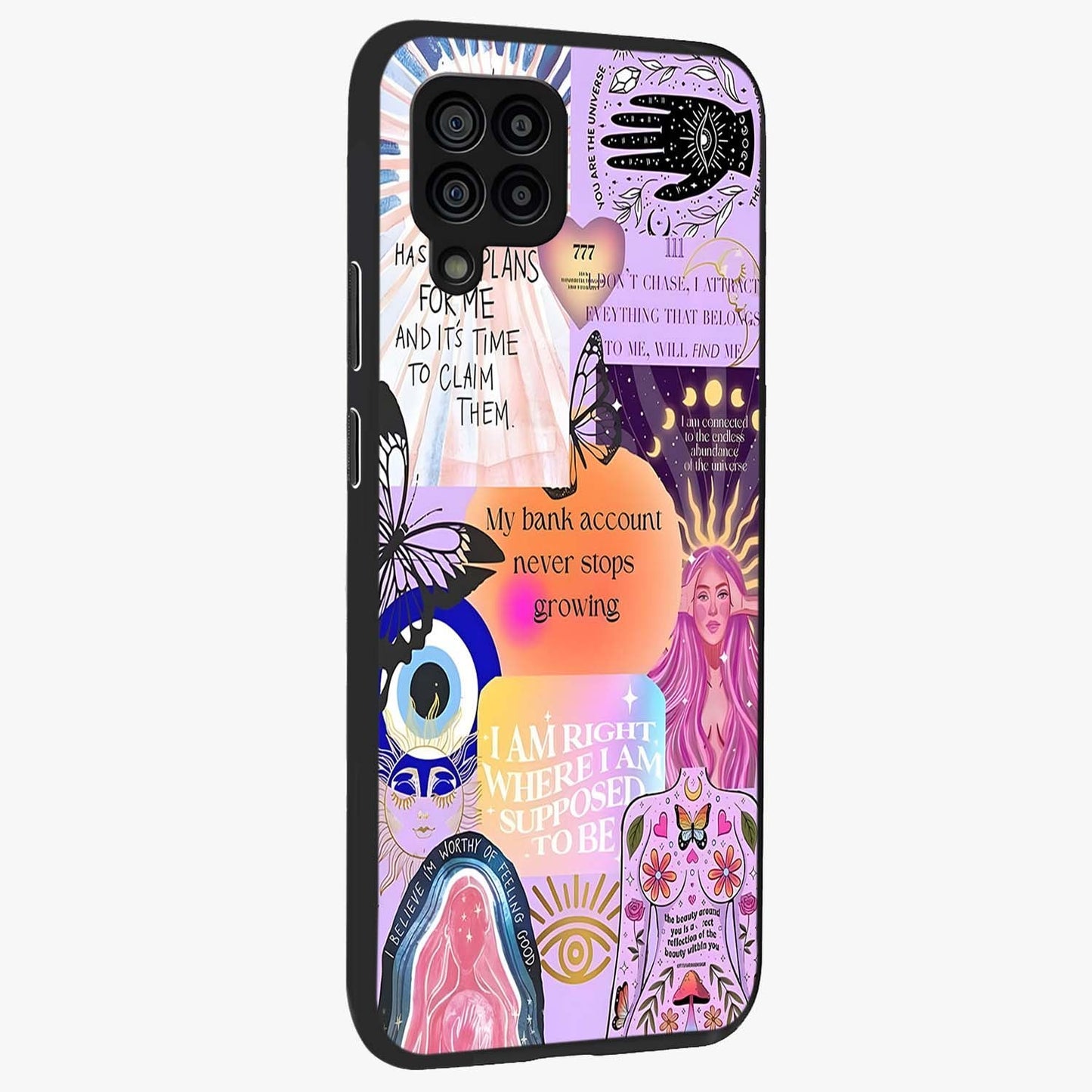 Manifestation Collage Glass Case upright view showcasing artistic manifestation themed artwork with creative style.