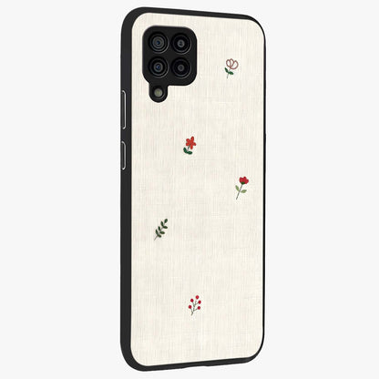 Minimalistic Blue With White Flower Pattern Glass Case upright view showcasing clean white flower artwork with calming blue theme.