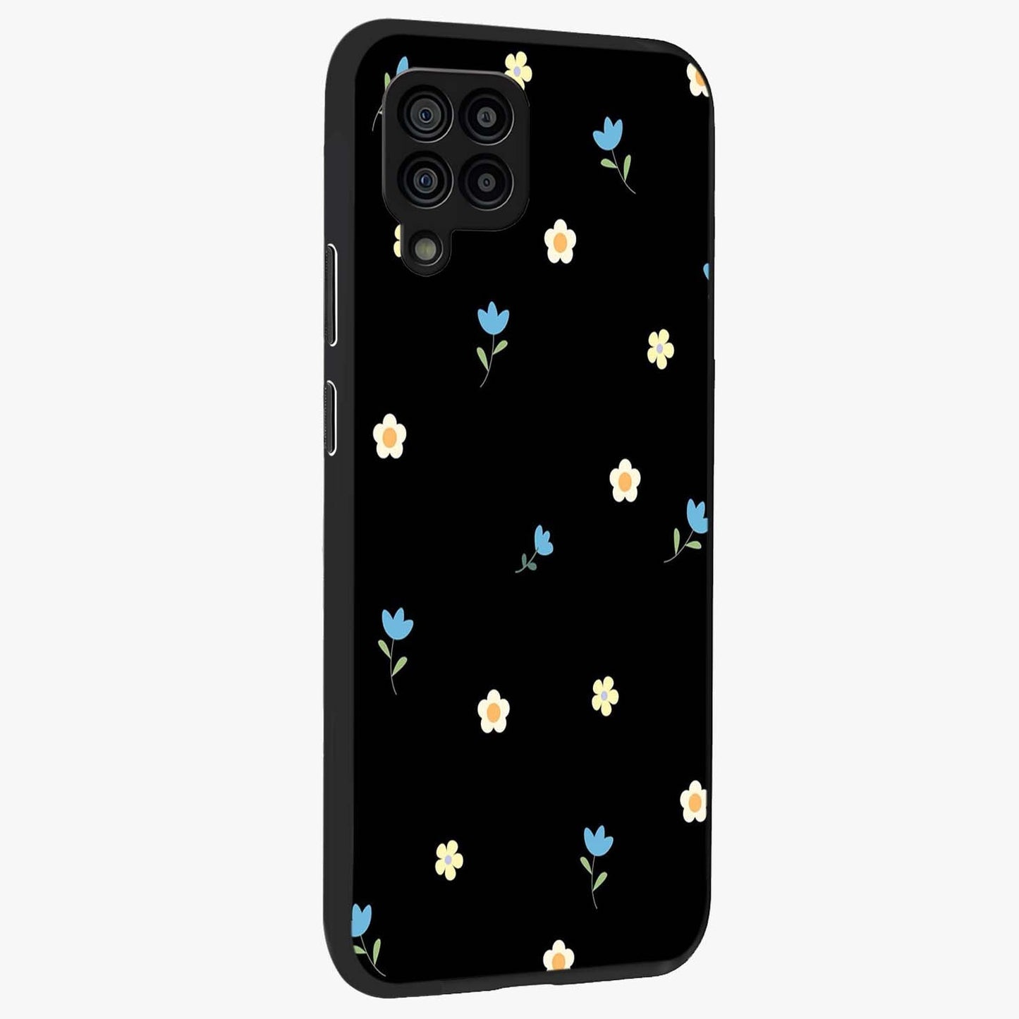 Minimal Petal Whispers Glass Case upright view showcasing elegant floral artwork with modern minimalist style.