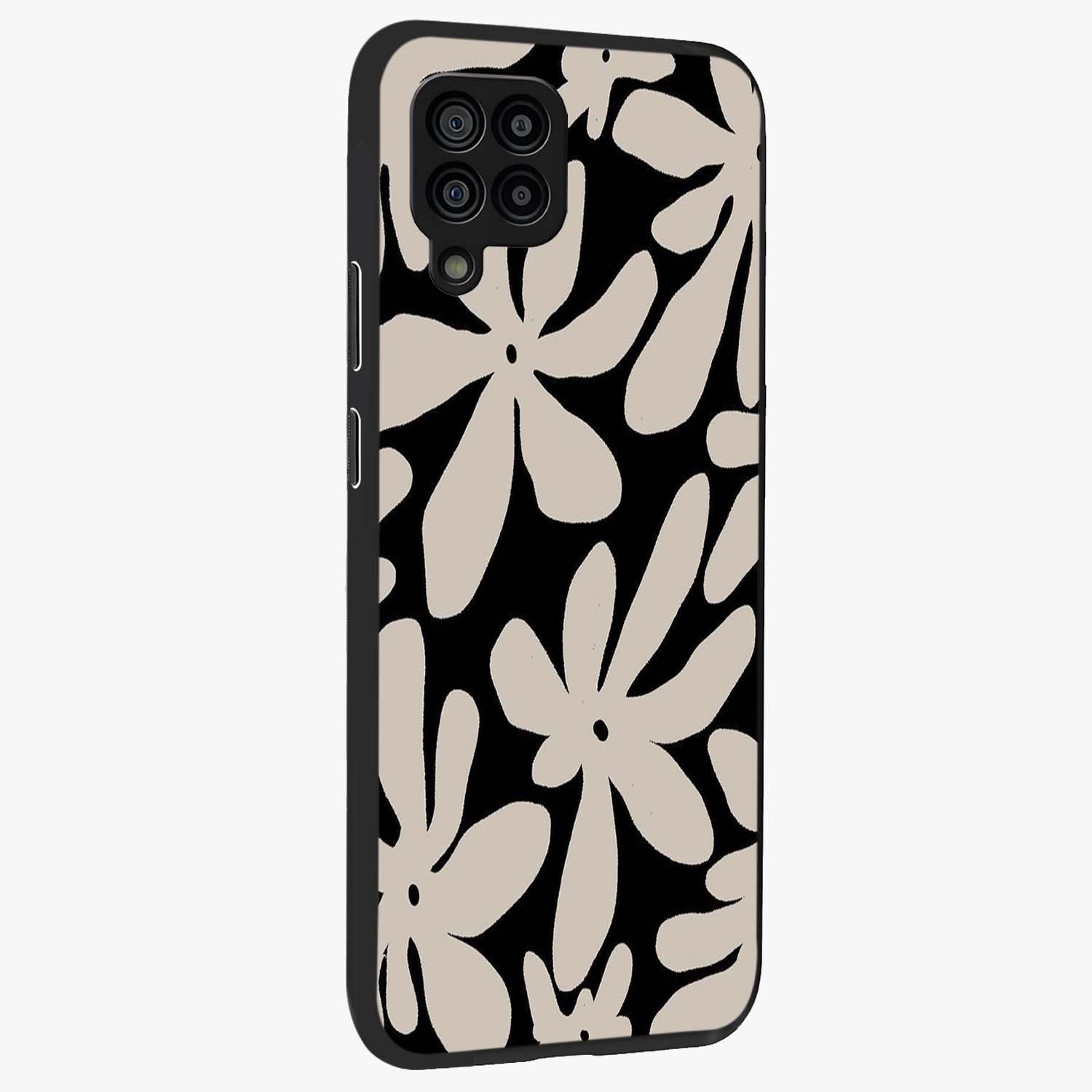Monochrome Petal Dance Glass Case upright view showcasing artistic floral pattern with stylish monochrome theme.