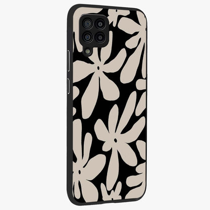 Monochrome Petal Dance Glass Case upright view showcasing artistic floral pattern with stylish monochrome theme.