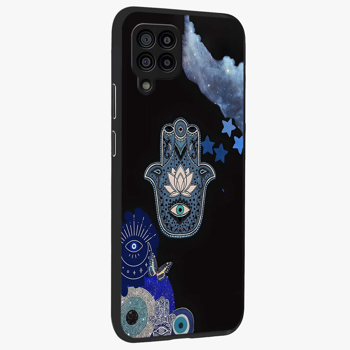 Mystic Hand Aura Glass Case upright view showcasing symbolic hand artwork with mystical energy theme.