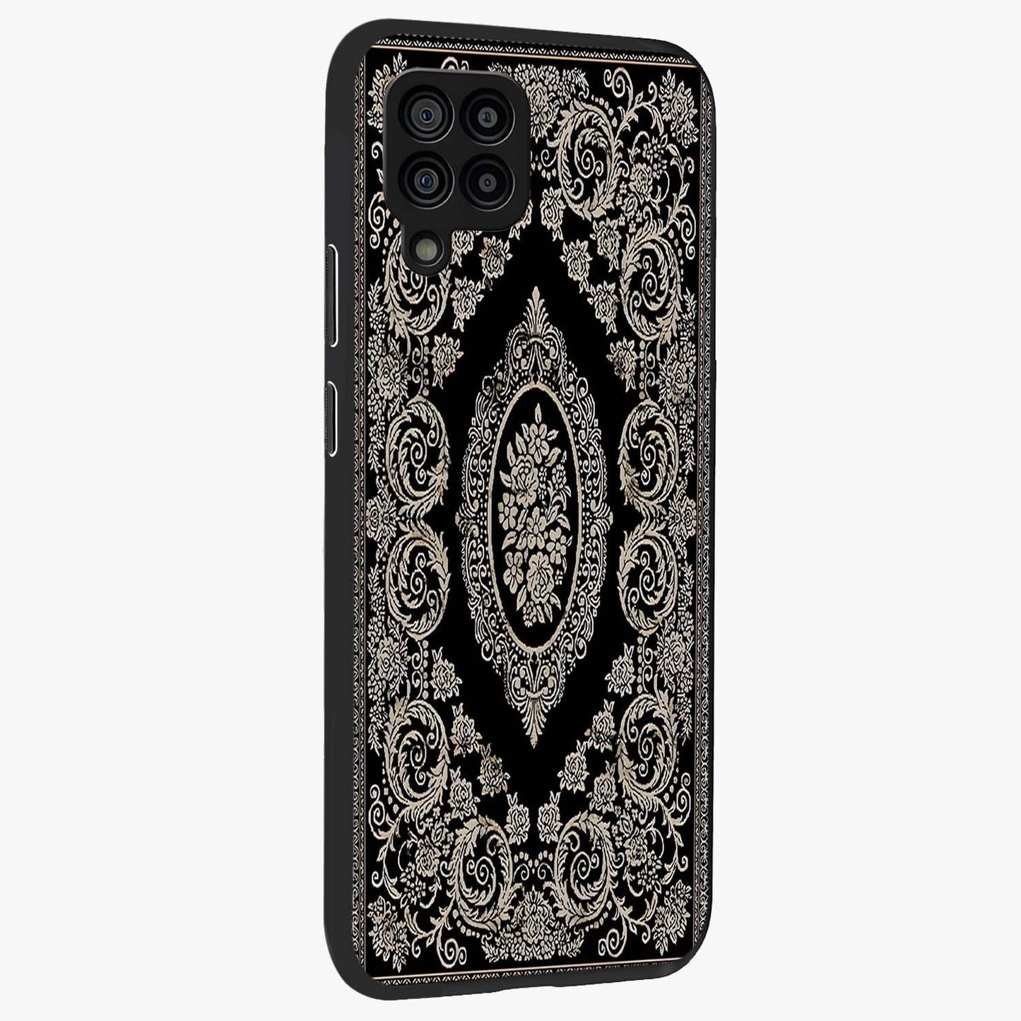 Noir Bloom Elegance Glass Case upright view showcasing graceful floral artwork with luxurious dark theme.