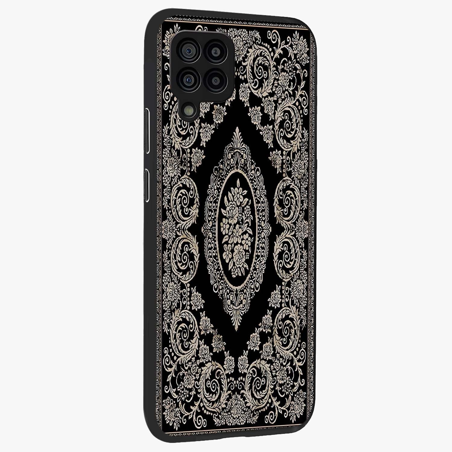 Noir Bloom Elegance Glass Case upright view showcasing graceful floral artwork with luxurious dark theme.