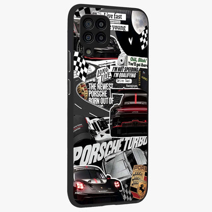 Porsche Racing Collage Glass Case upright view showcasing energetic car collage artwork with high speed racing theme.