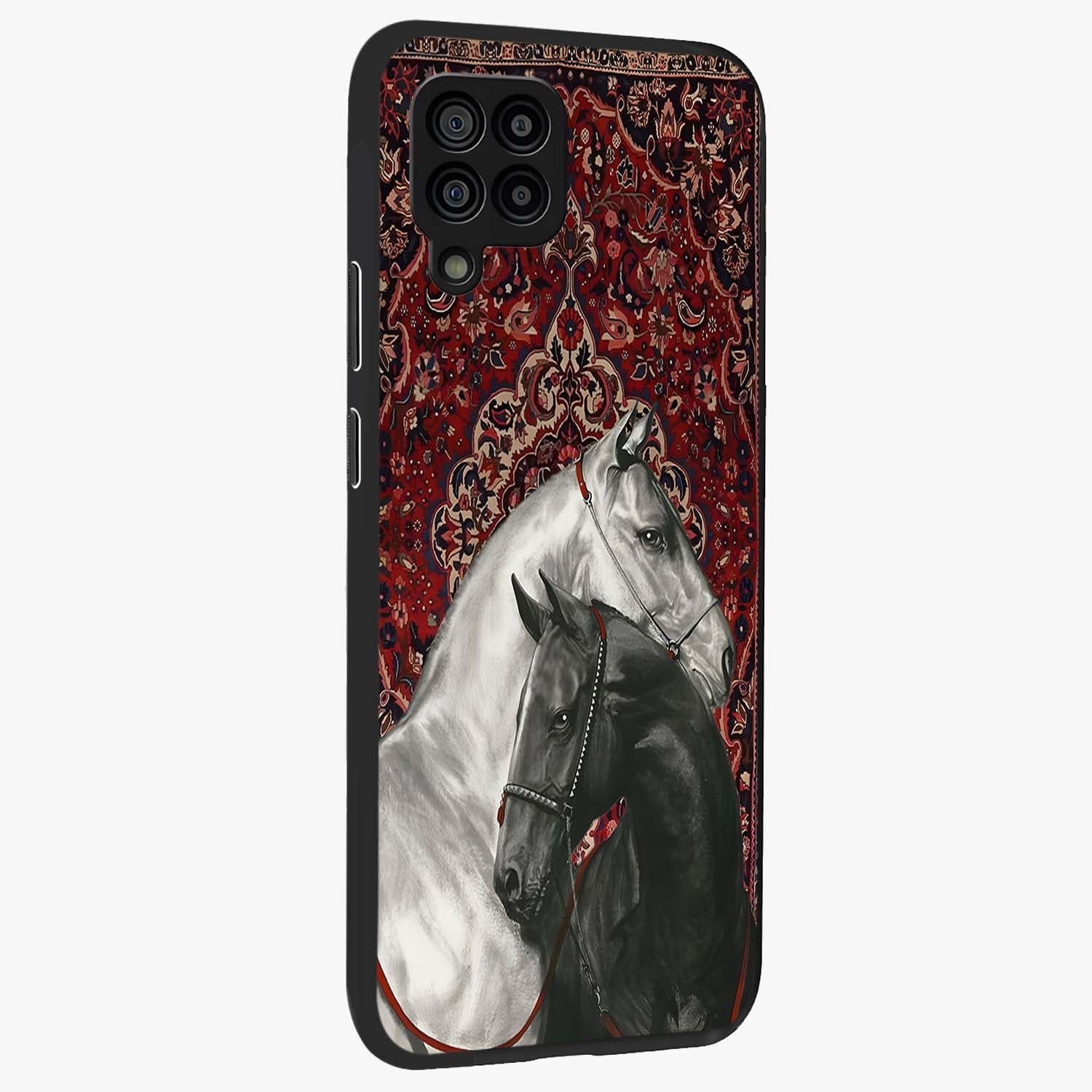 Regal Stallion Tapestry Glass Case upright view showcasing powerful horse artwork with elegant tapestry theme.