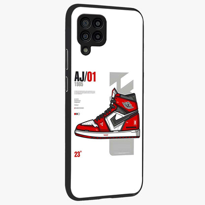 Retro Sneaker Blueprint Glass Case upright view showcasing stylish sneaker illustration with vintage streetwear theme.