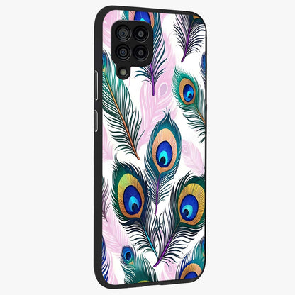 Royal Peacock Feathers Glass Case upright view showcasing elegant peacock feather artwork with decorative royal theme.