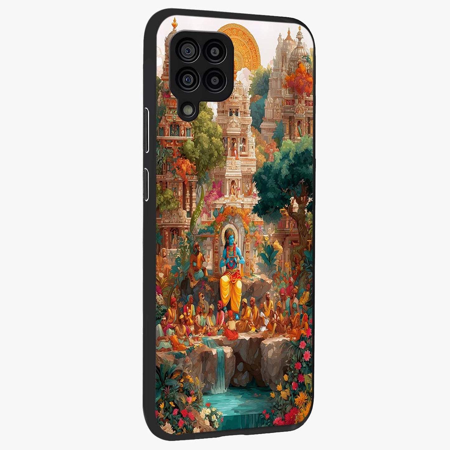 Sacred Sunlight Gods Glass Case upright view showcasing glowing divine artwork with sacred mythological theme.