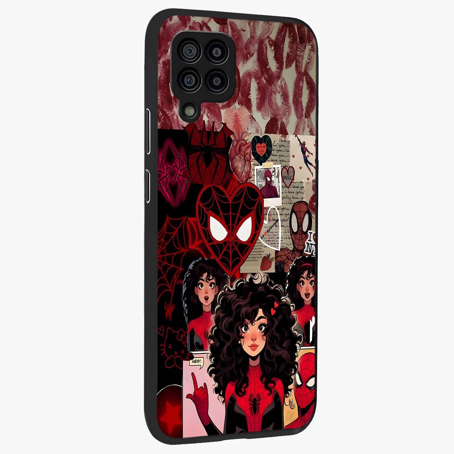 Spider Love Story Glass Case upright view showcasing charming superhero artwork with romantic comic theme.