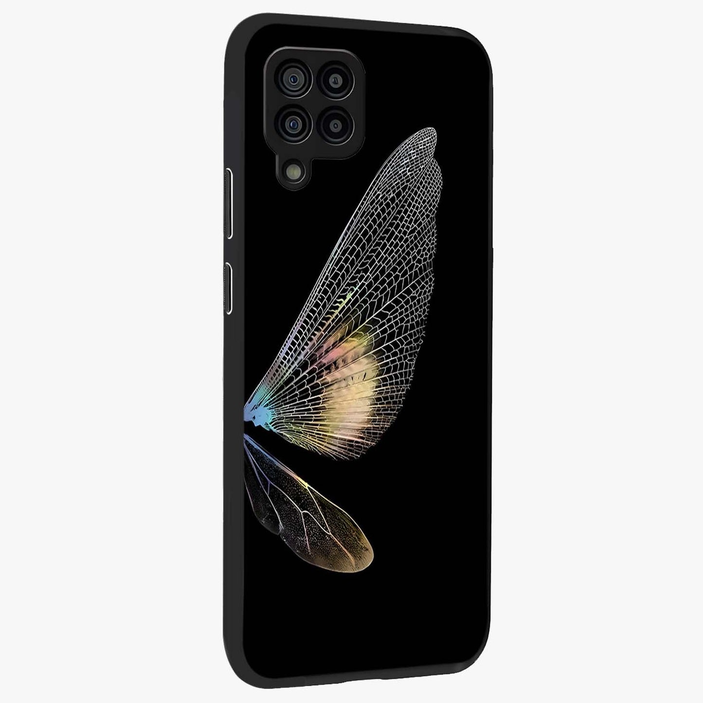 Whispers Of Wings Glass Case upright view showcasing elegant wing artwork with light airy theme.