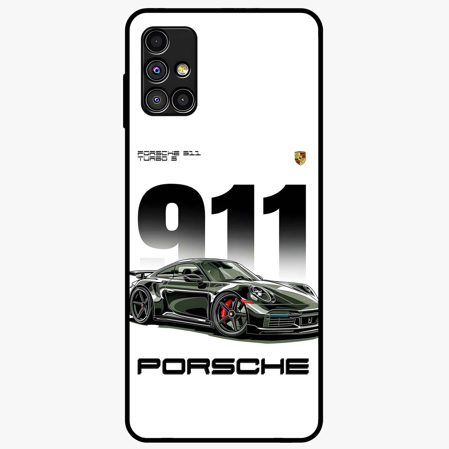 911 Turbo Dominance Glass Case showing clean flat back view with bold 911 sports car artwork and glossy glass finish.