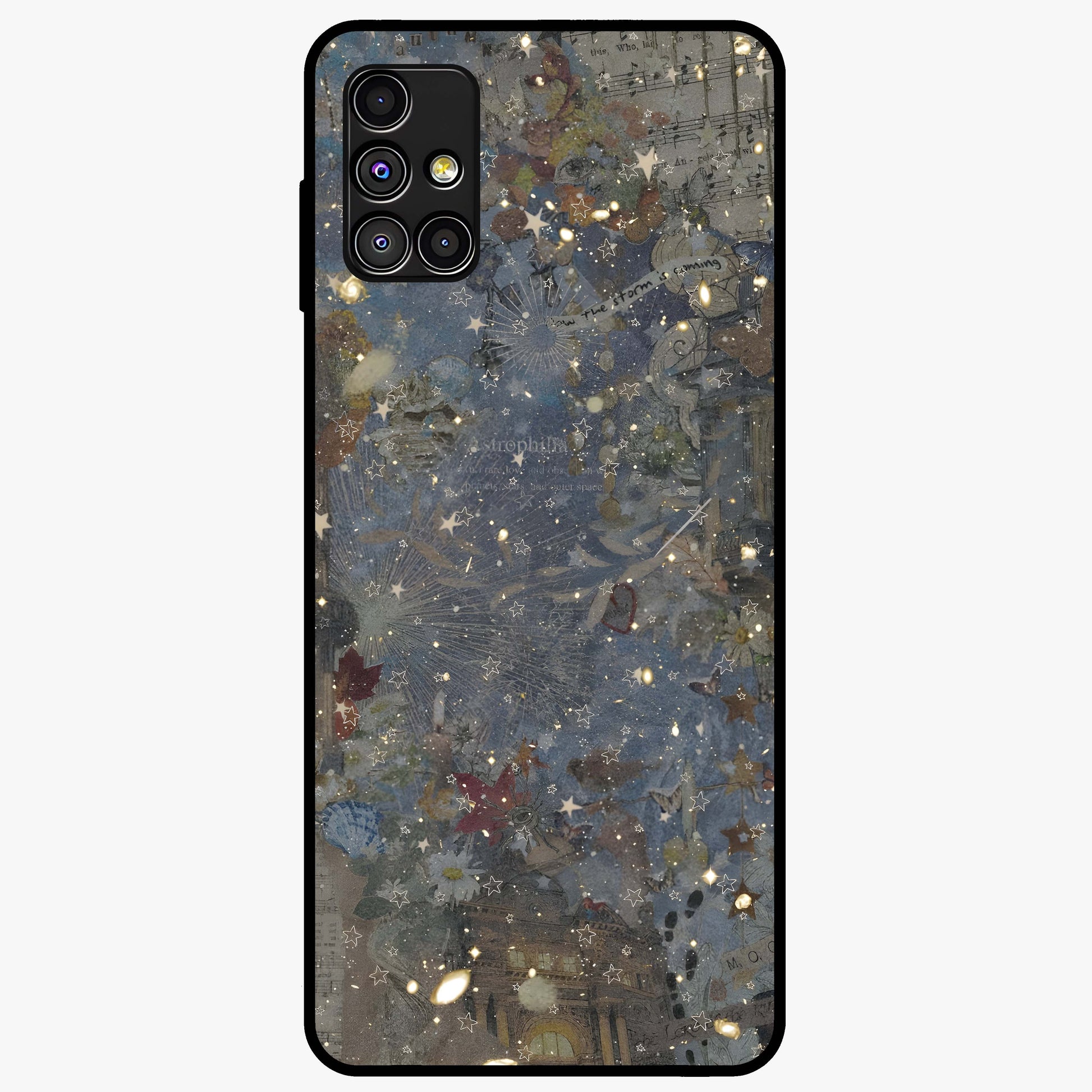 Aesthetic Astrolophia Glass Case showing flat back view with dreamy aesthetic design and glossy glass finish.