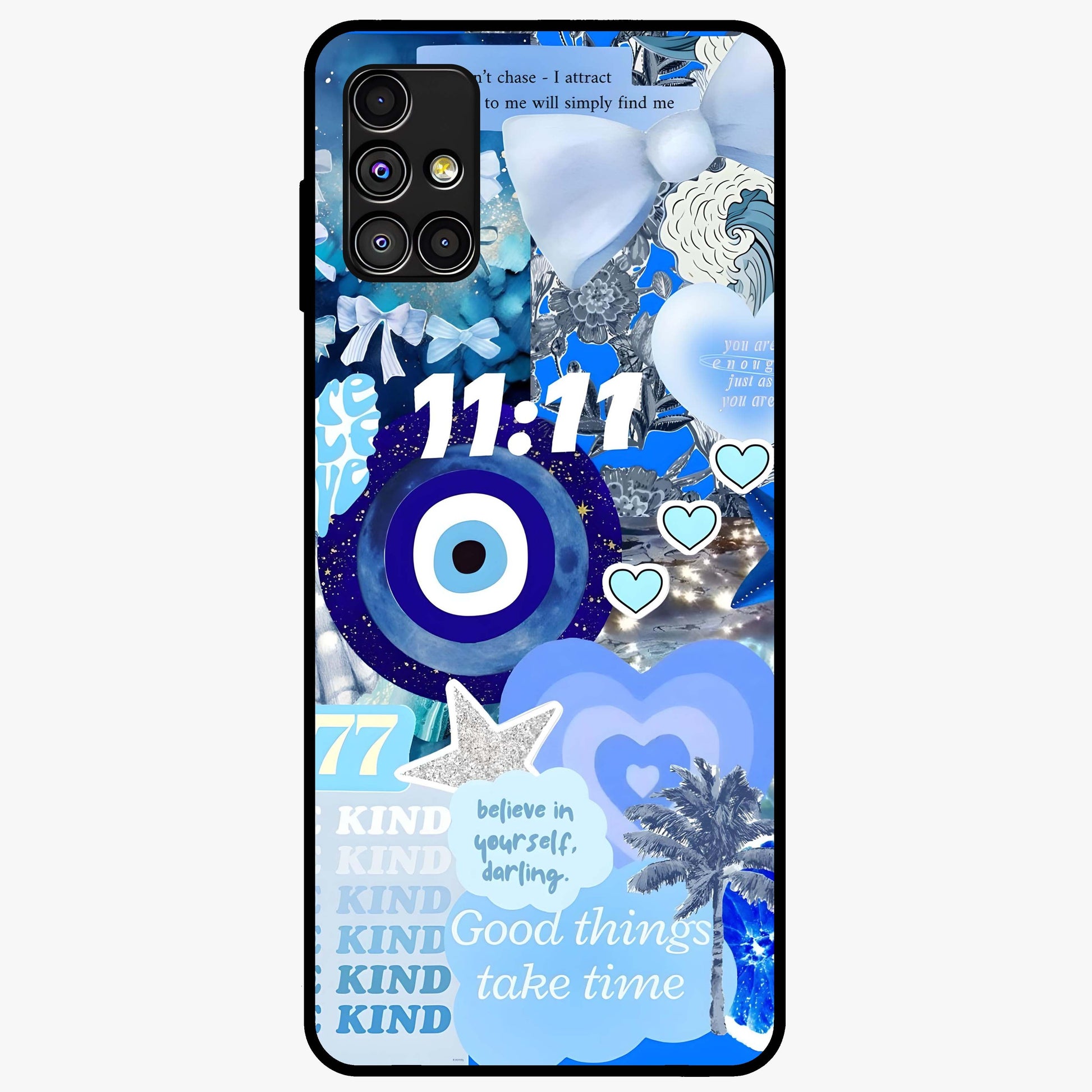 Aesthetic Be Kind Eye Glass Case showing flat back view with motivational eye artwork and glossy glass finish.