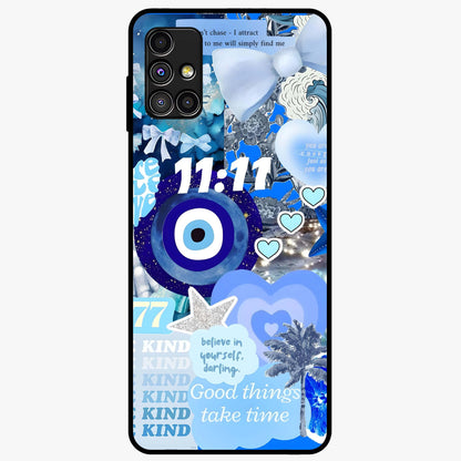 Aesthetic Be Kind Eye Glass Case showing flat back view with motivational eye artwork and glossy glass finish.