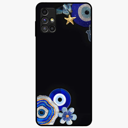Aesthetic Blue Evil Eye Glass Case showing flat back view with protective evil eye artwork and glossy glass finish.