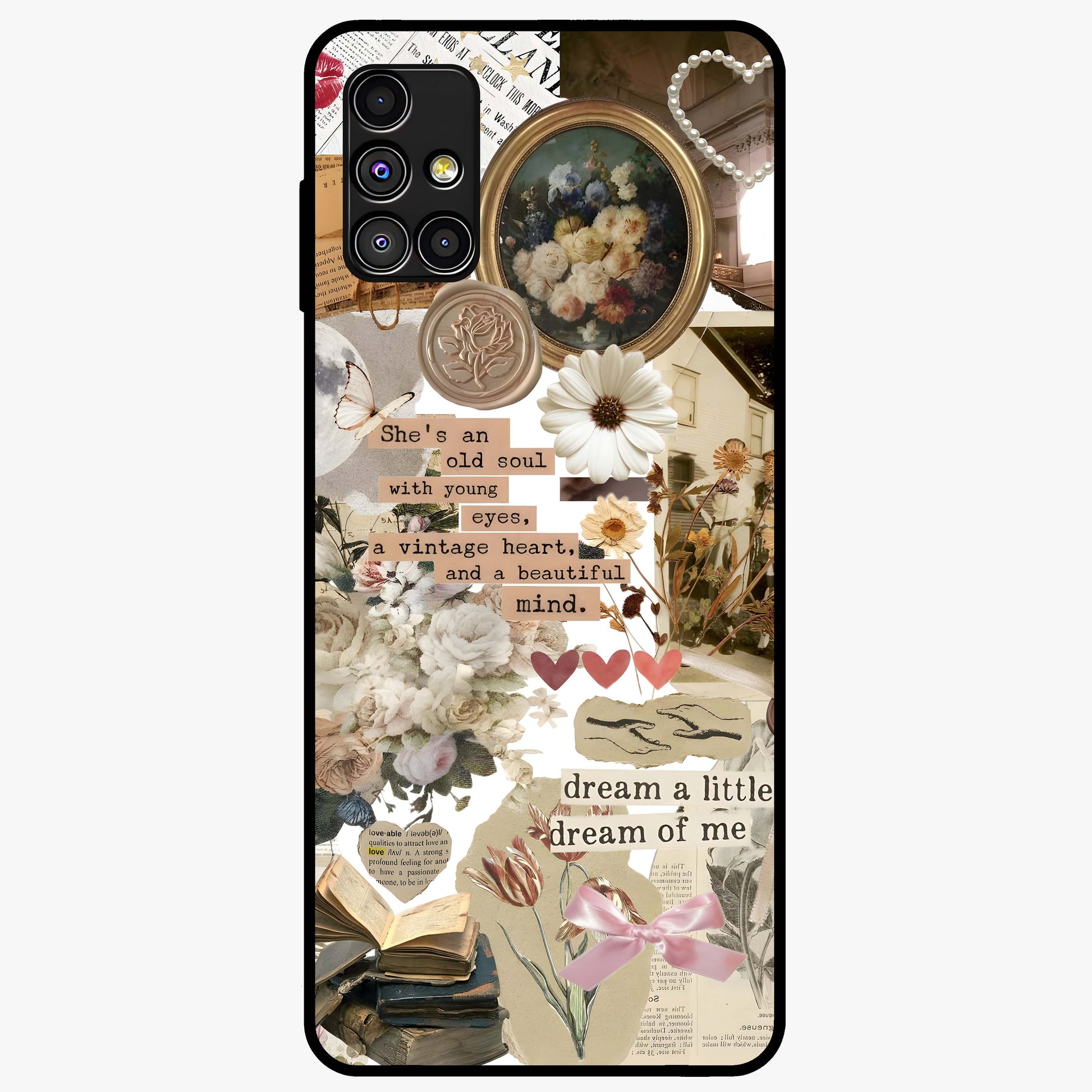Aesthetic Brown Vintage Collage Glass Case showing flat back view with retro collage artwork and glossy glass finish.