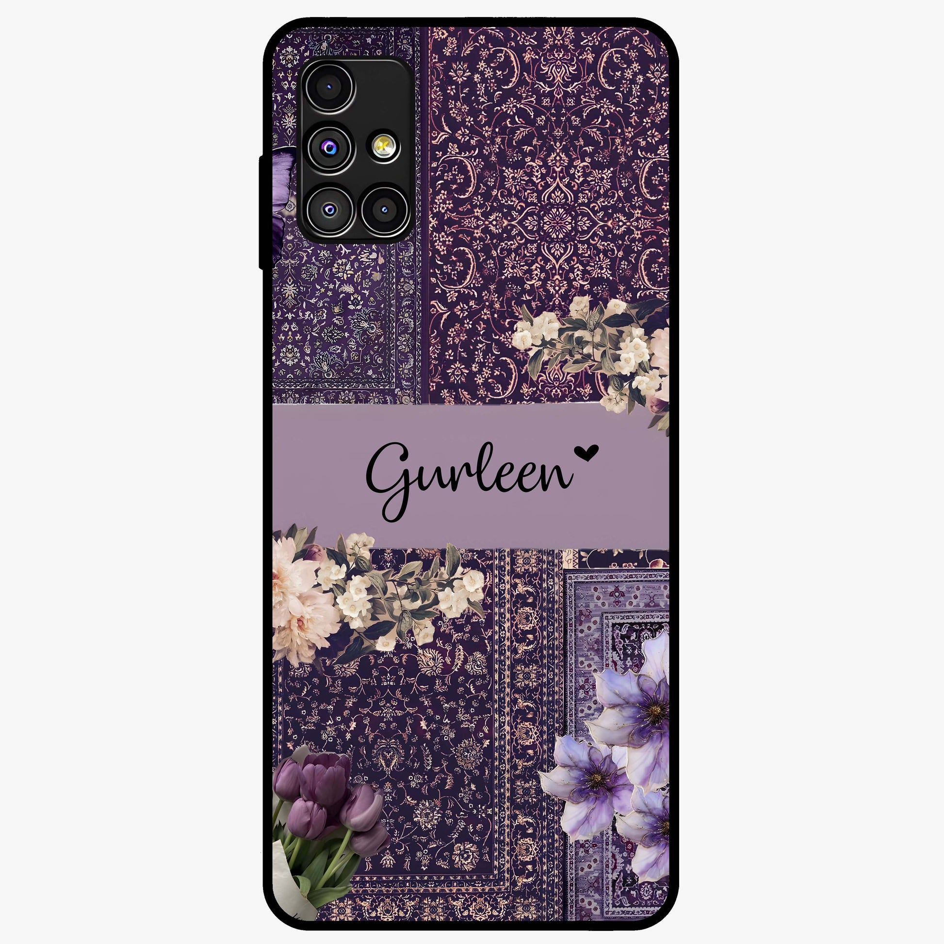 Antique Floral Whisper Custom Name Glass Case showing flat back view with vintage floral artwork and personalized name design.
