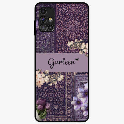Antique Floral Whisper Custom Name Glass Case showing flat back view with vintage floral artwork and personalized name design.