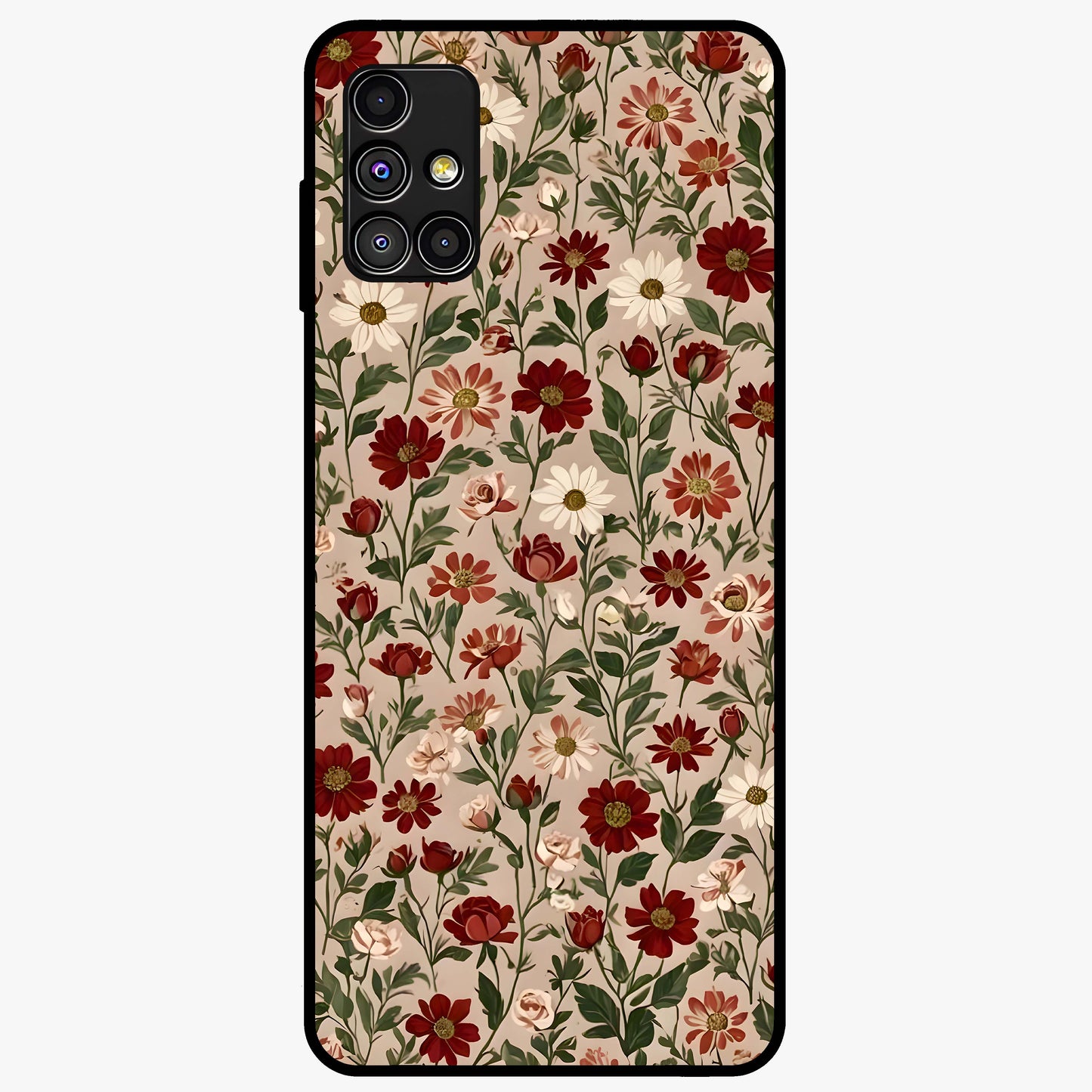 Biege Flower With Leaf Glass Case showing flat back view with soft beige floral artwork and glossy glass finish.