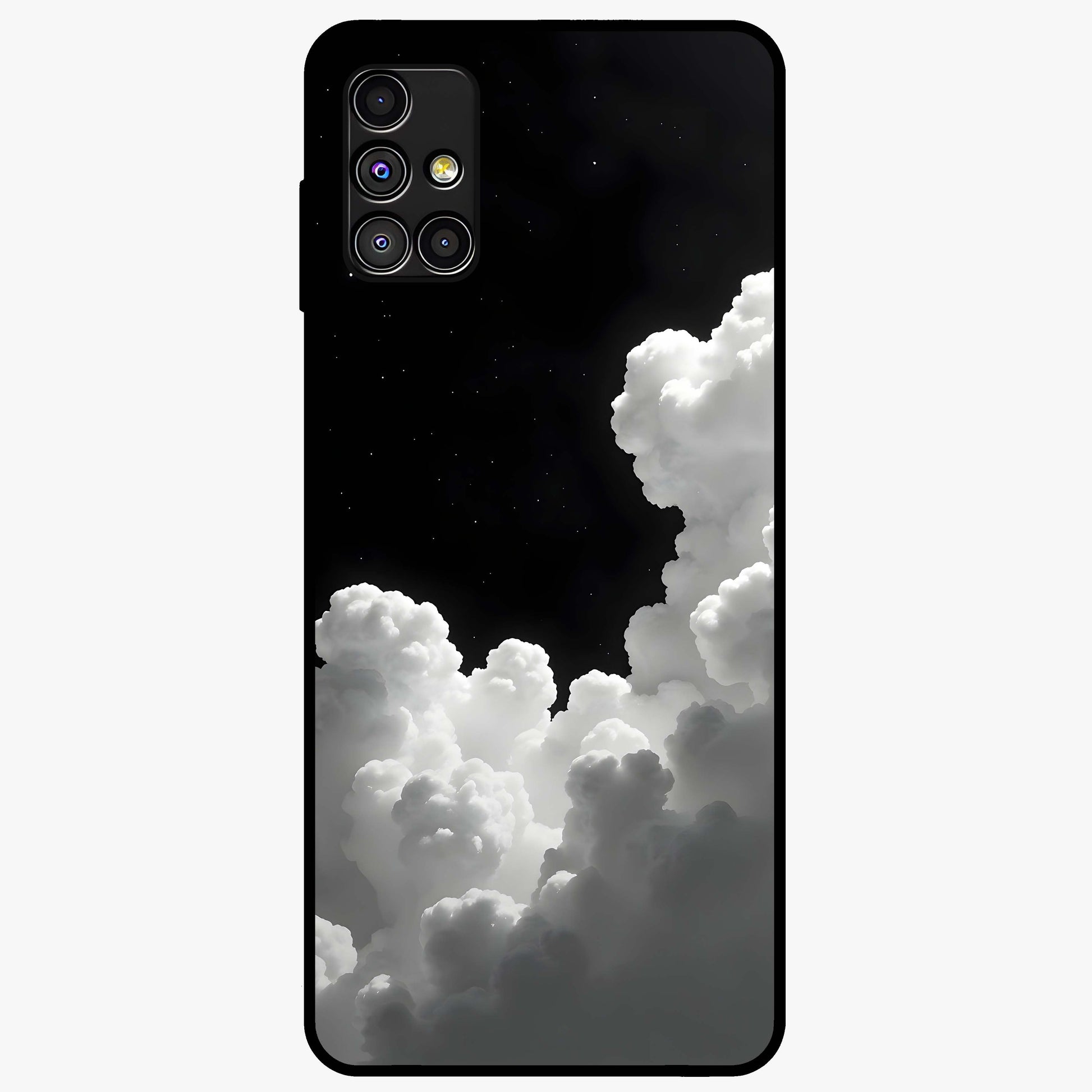 Black Background With White Cloud Glass Case showing flat back view with minimal cloud artwork on dark background and glossy glass finish.