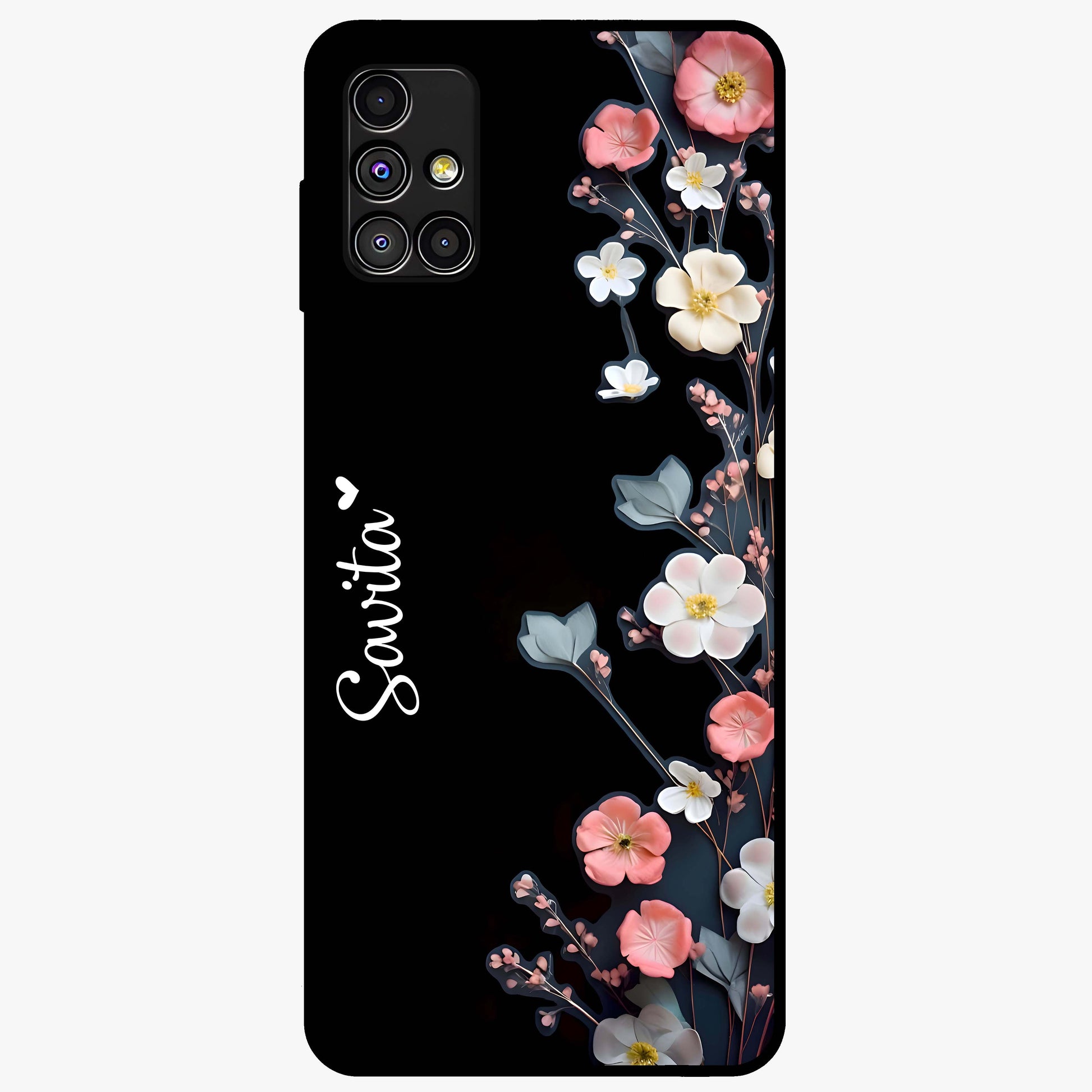 Black Elegance Floral Custom Name Glass Case showing flat back view with elegant floral artwork and personalized name design.