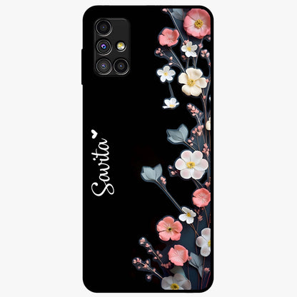 Black Elegance Floral Custom Name Glass Case showing flat back view with elegant floral artwork and personalized name design.