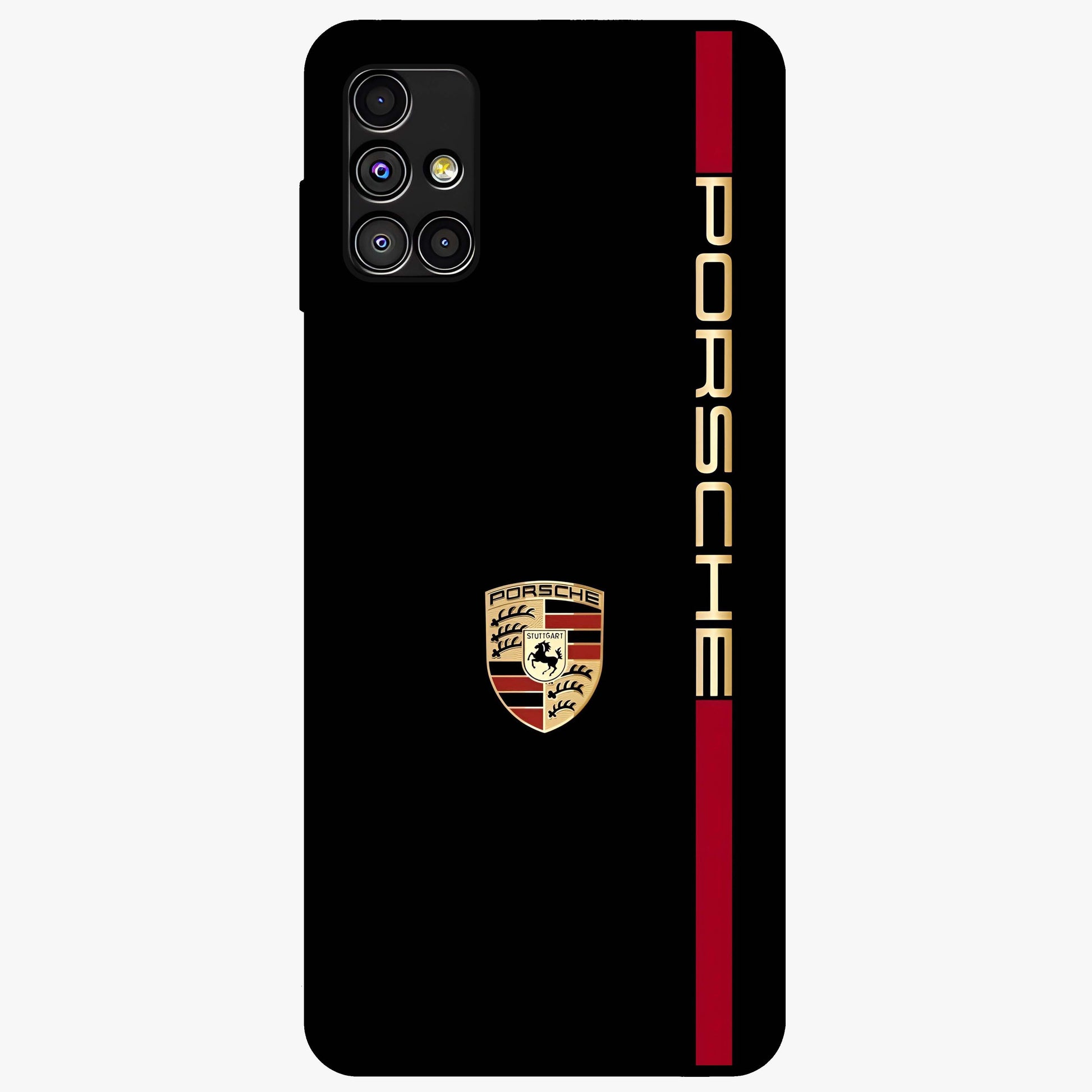 Black Minimal Porsche Glass Case showing flat back view with sleek minimal sports car artwork and glossy glass finish.