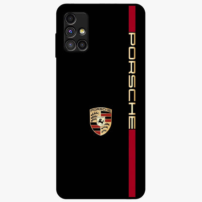 Black Minimal Porsche Glass Case showing flat back view with sleek minimal sports car artwork and glossy glass finish.