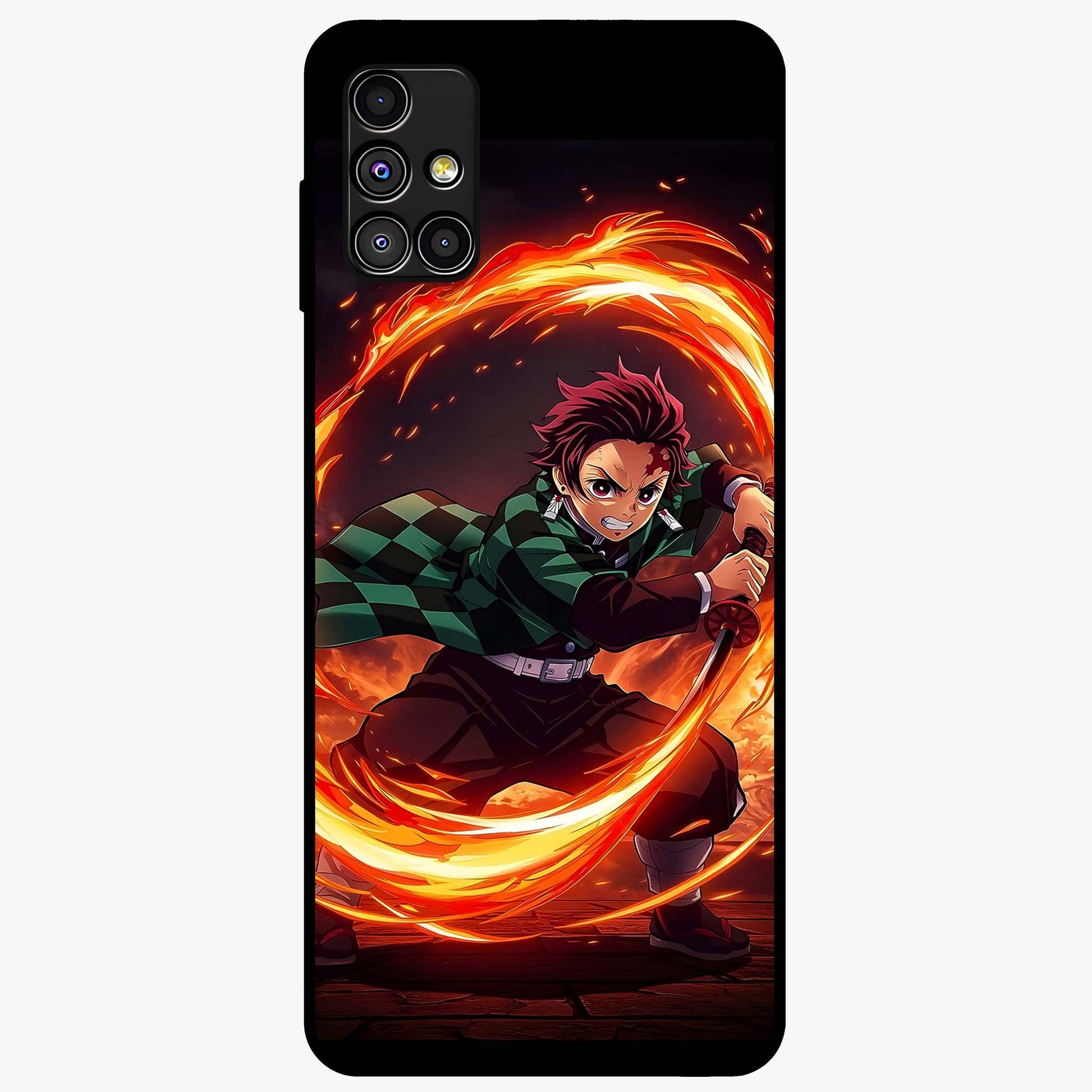 Blazing Sword Resolve Glass Case showing flat back view with fiery sword artwork and glossy glass finish.