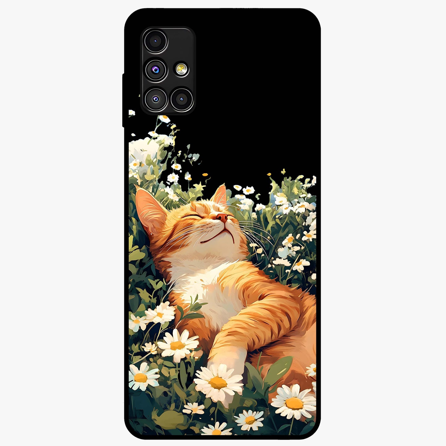Blissful Bloom Cat Glass Case showing flat back view with cute cat and floral bloom artwork and glossy glass finish.