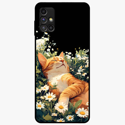 Blissful Bloom Cat Glass Case showing flat back view with cute cat and floral bloom artwork and glossy glass finish.