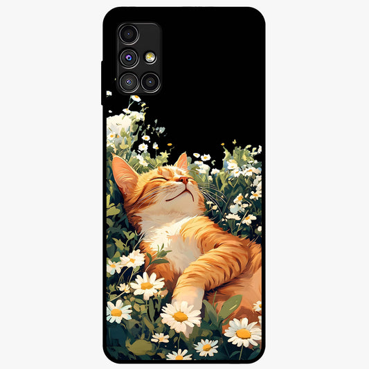 Blissful Bloom Cat Glass Case showing flat back view with cute cat and floral bloom artwork and glossy glass finish.