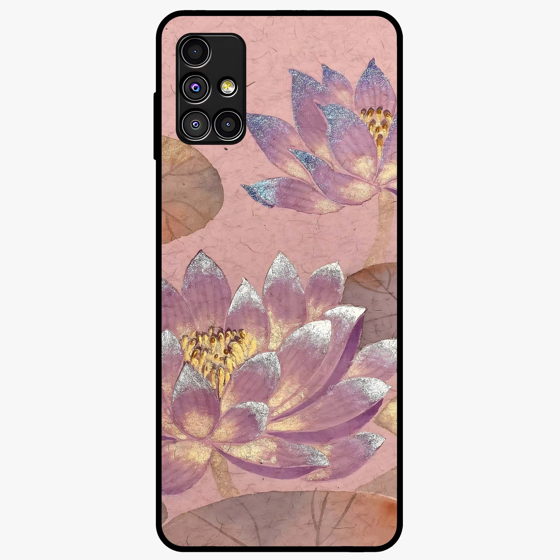 Blossom Mist Lotus Glass Case showing flat back view with serene lotus blossom artwork and glossy glass finish.
