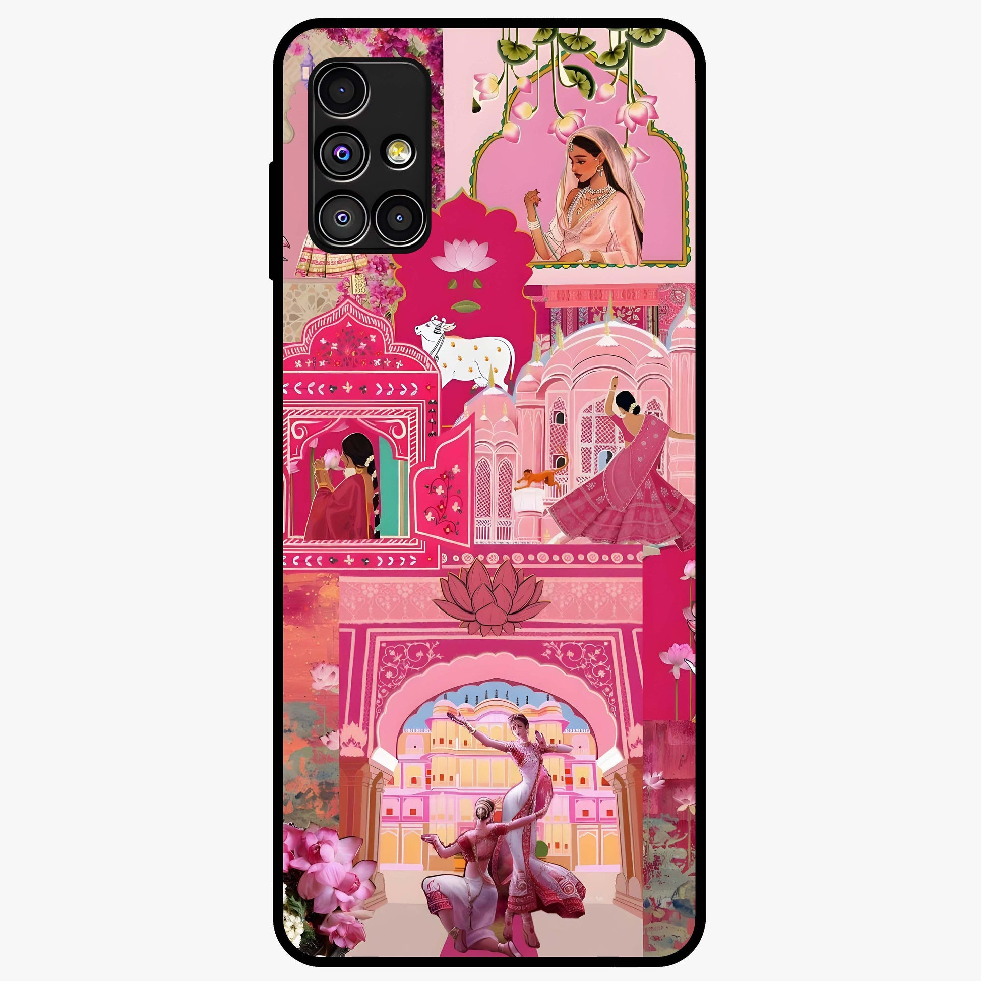 Blossoms of Rajasthan Glass Case showing flat back view with traditional floral artwork inspired by Rajasthan and glossy glass finish.