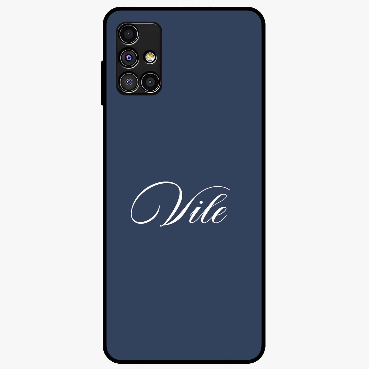 Blue Background Personalized Custom Name Glass Case showing flat back view with minimal blue background and custom name design.