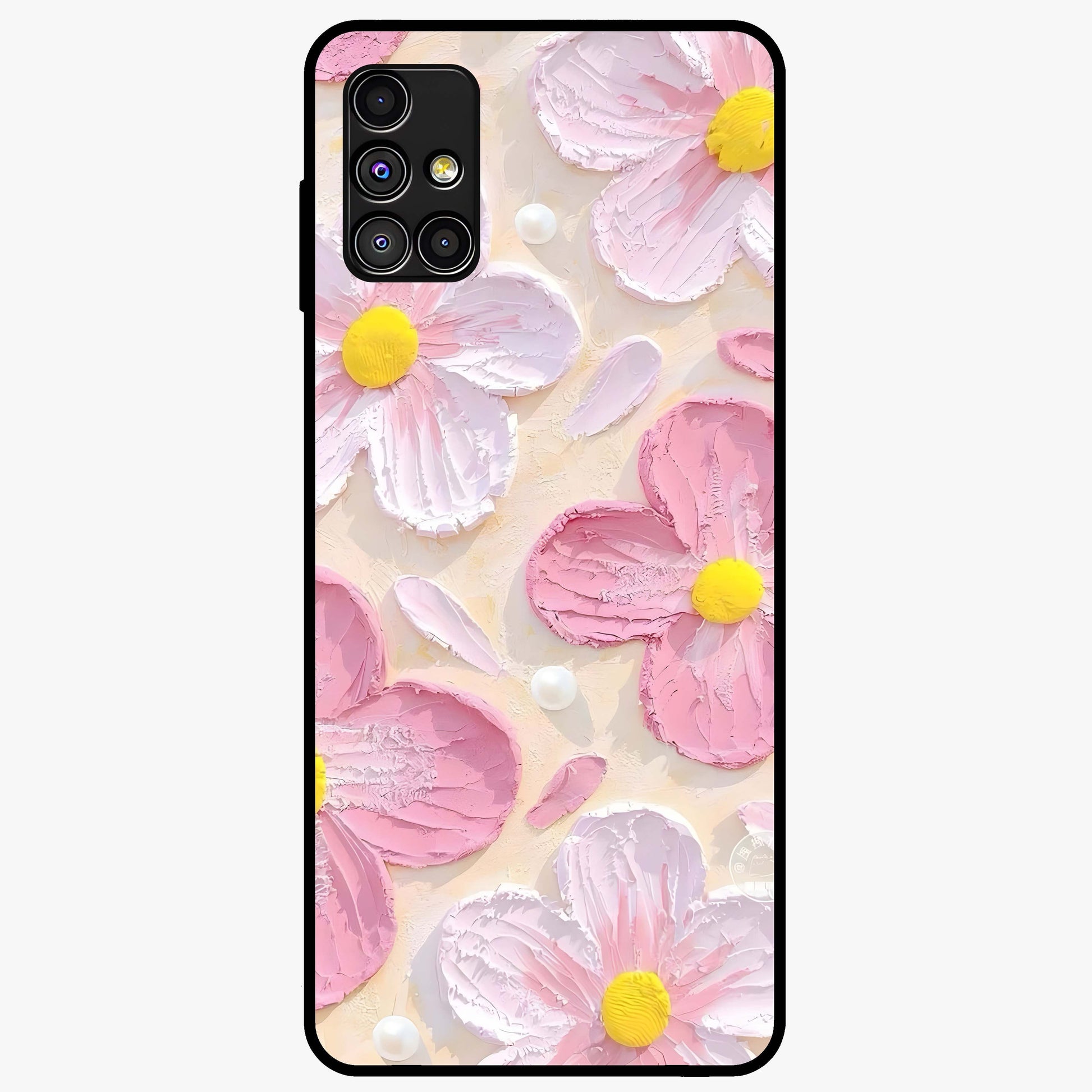 Blush Bloom Texture Glass Case showing flat back view with soft blush floral texture artwork and glossy glass finish.
