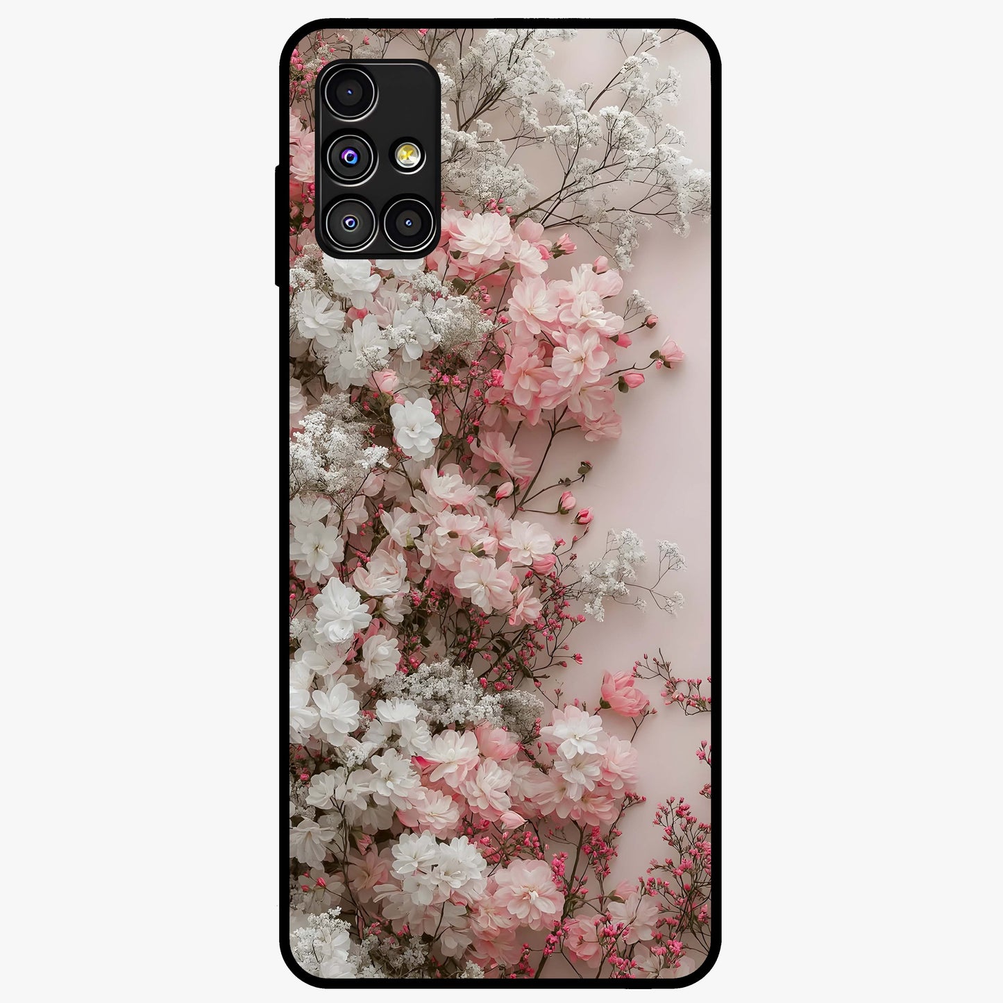 Blush Blossom Cloud Glass Case showing flat back view with dreamy blush cloud blossom artwork and glossy glass finish.