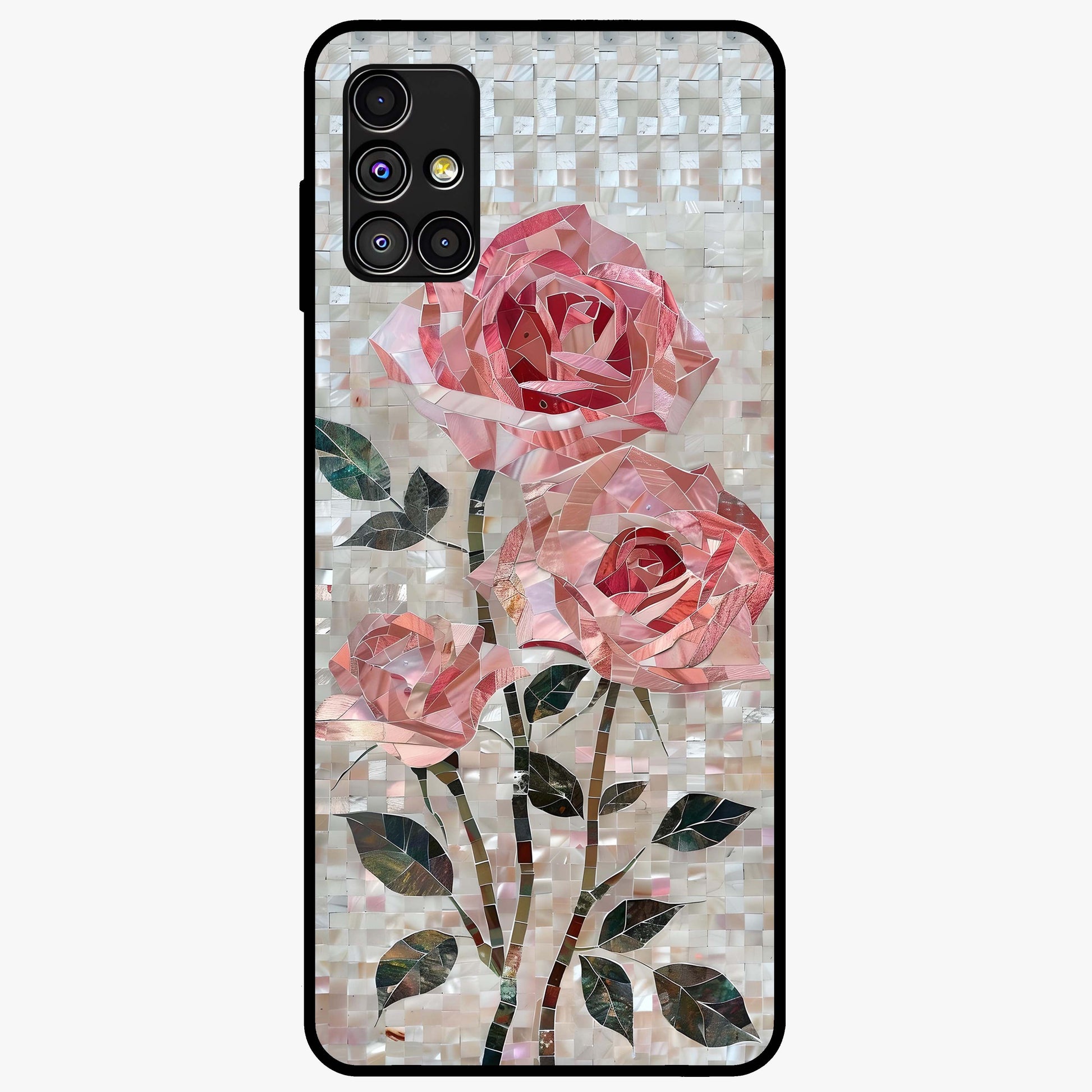Blush Mosaic Bloom Glass Case showing flat back view with mosaic floral bloom artwork and glossy glass finish.