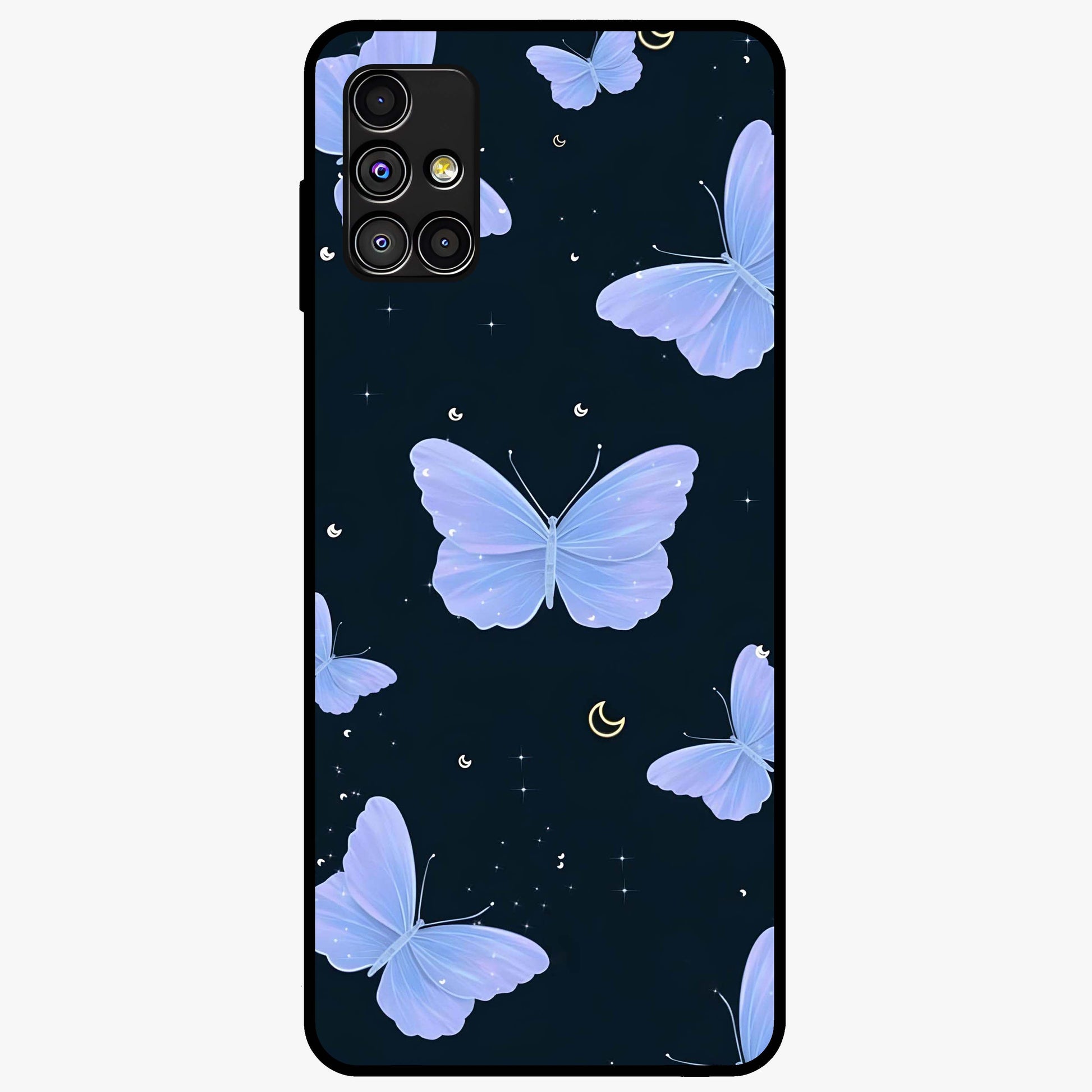 Butterfly With Stars Pattern Glass Case showing flat back view with butterfly and star pattern artwork and glossy glass finish.
